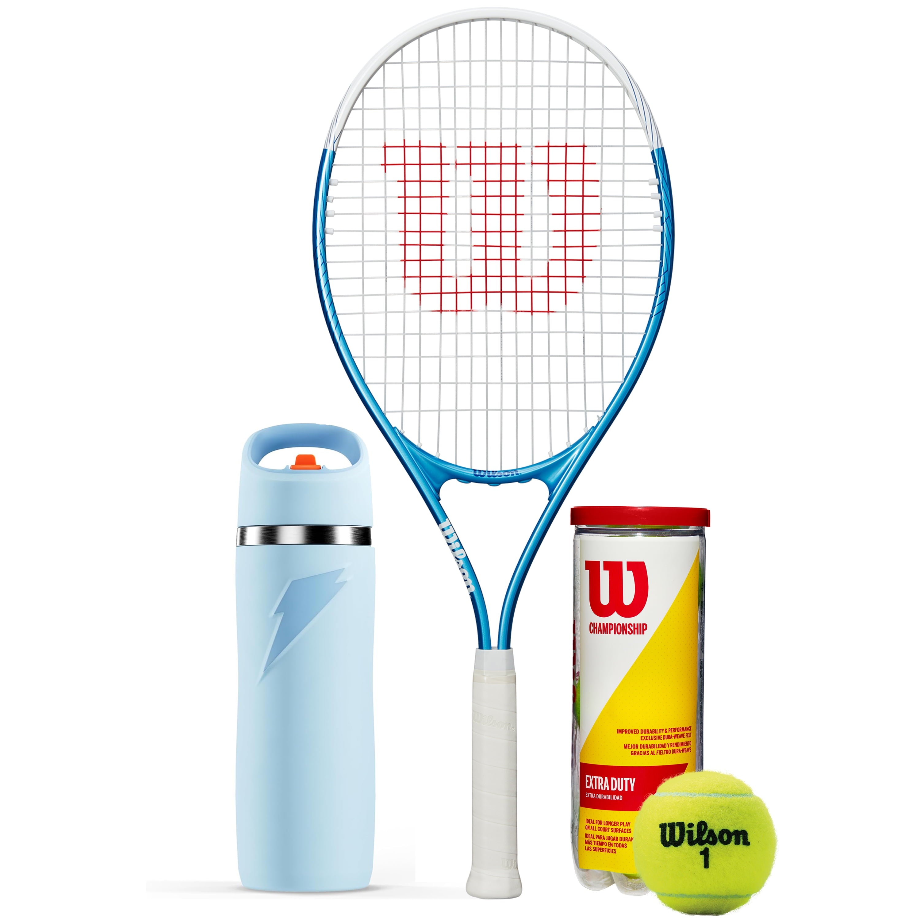 Wilson x Gatorade Tennis Power Play Kit - Includes Wilson Ultra Power XL 112 Tennis Racket, Championship Extra-Duty Tennis Balls, and Gatorade Overtime Blue Water Bottle